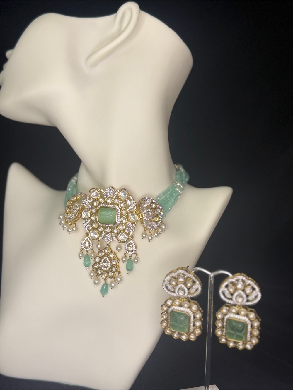 Mint Green Stone and Pearl Kundan Necklace Set - Elegant Women’s Jewelry